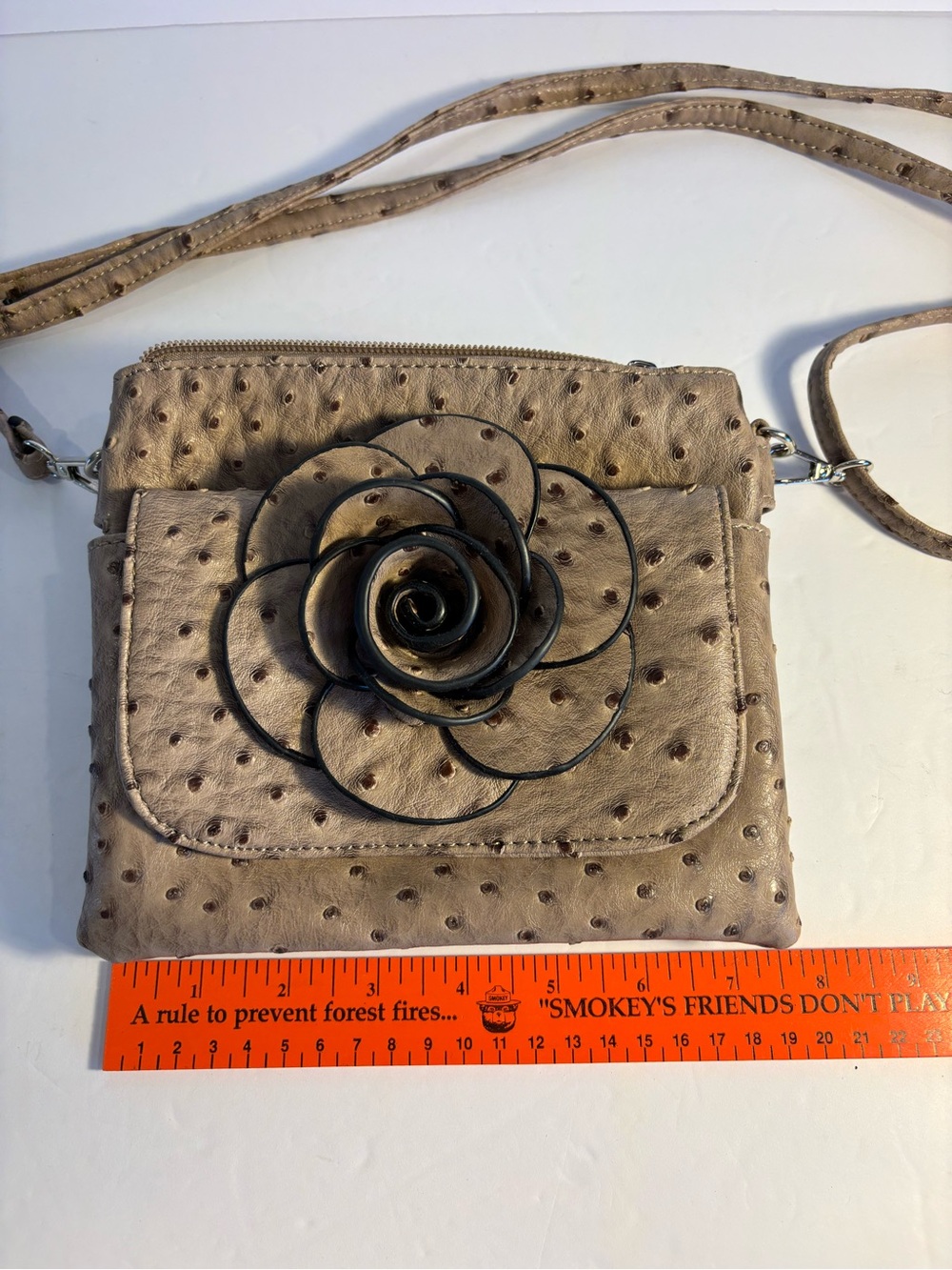 Taupe Floral Rose Appliqué Crossbody Bag